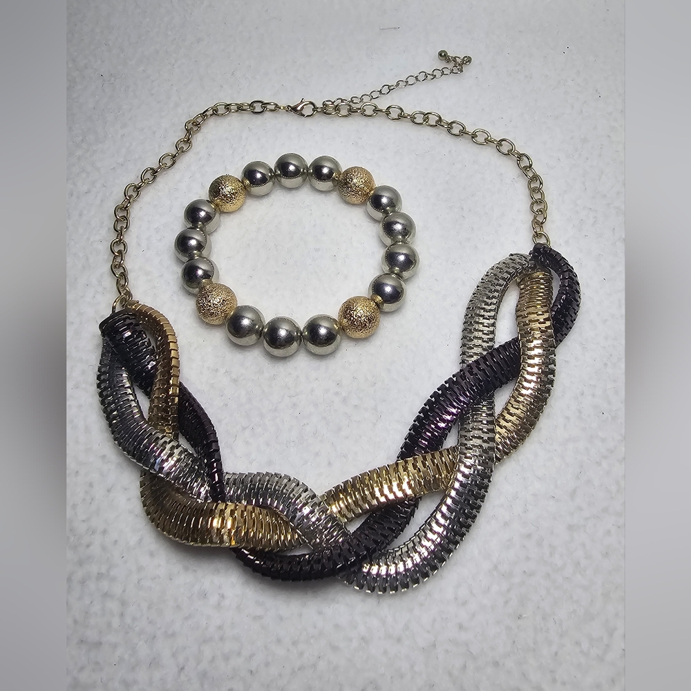 Brown, Gold and Silver Braided Snake Chain Necklace and bracelet.